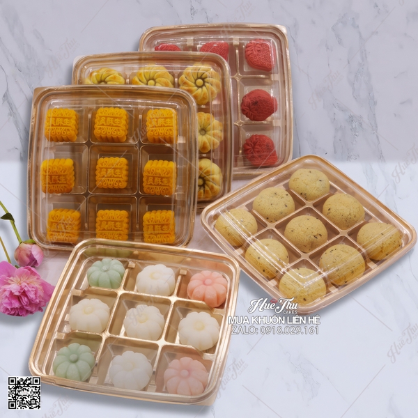 Hộp nhựa vuông 9 ô 22x22cm (10 hộp) đựng bánh Mochi, Trung Thu, rau câu