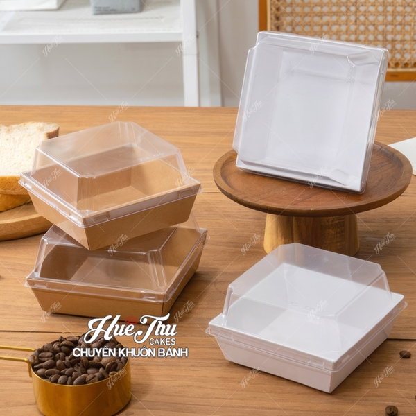 Hộp vuông giấy Kraft 10.5/11.5/12.9cm (10 cái, có nắp) màu nâu, trắng đựng bánh trôi, bánh bông lan, rau câu, đồ ăn