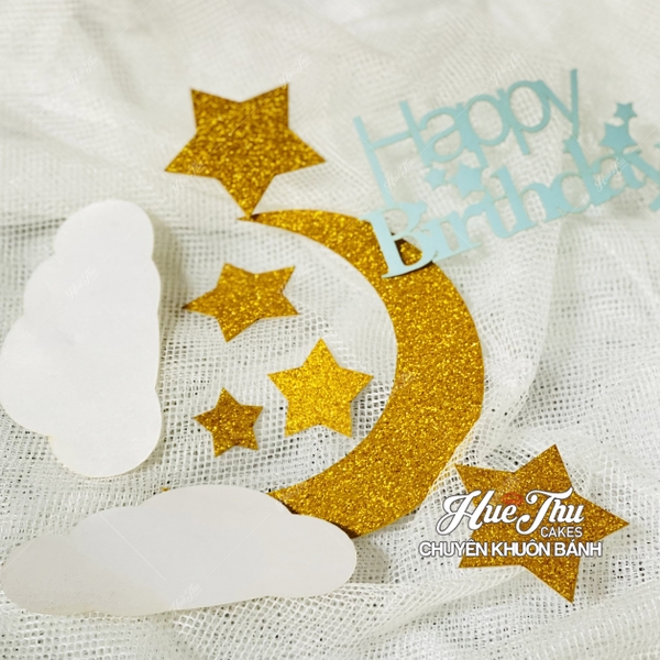 Que cắm Happy Birthday Trăng Sao trang trí bánh sinh nhật, bánh rau câu
