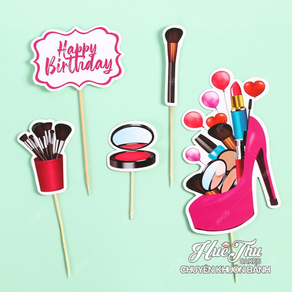 Que cắm Happy Birthday Bộ Cọ Trang Điểm, Giày Cao Gót phụ kiện trang trí bánh sinh nhật, bánh rau câu, bánh kem
