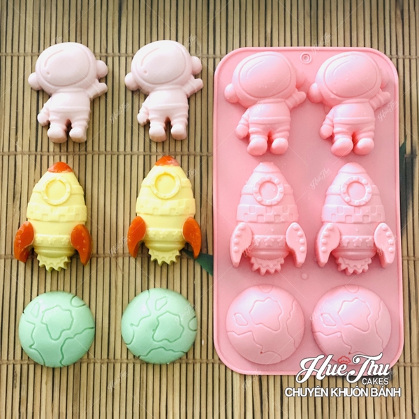 Khuôn silicon Tàu Vũ Trụ, Phi Hành Gia A147 (vỉ 6 hình) làm bánh rau câu 3D 4D nhấn xôi, fondant, socola, nến hanmade
