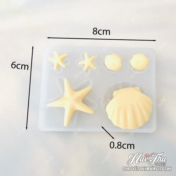 Khuôn silicon Sò Điệp, Sao Biển A101 (vỉ 6 hình) làm bánh rau câu 3D 4D nhấn xôi, fondant, socola, nến hanmade