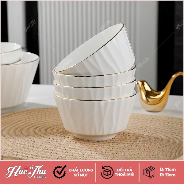 Bát Sứ Tròn Viền Vàng Mảnh 11cm S1, Chén Sứ Tròn Decor - trang trí đồ ăn, bàn tiệc, mâm cúng