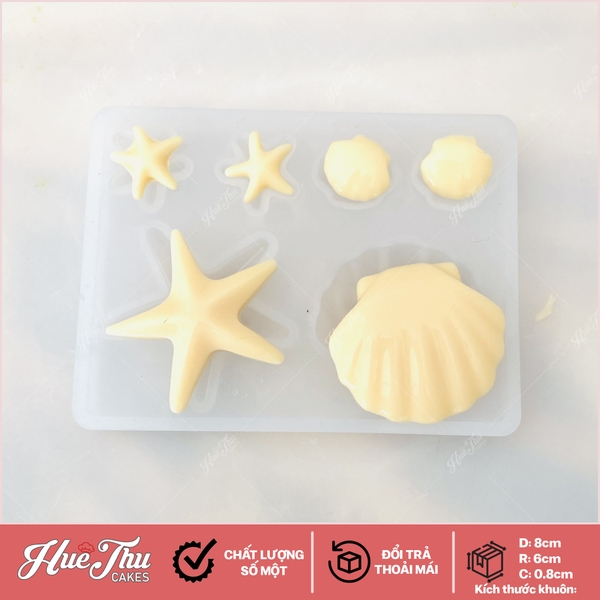 Khuôn silicon Sò Điệp, Sao Biển A101 (vỉ 6 hình) làm bánh rau câu 3D 4D nhấn xôi, fondant, socola, nến hanmade