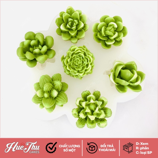 Khuôn silicon Xương Rồng Sen Đá A150 (vỉ 7 hình) làm bánh rau câu 3D 4D nhấn xôi, fondant, socola, nến hanmade