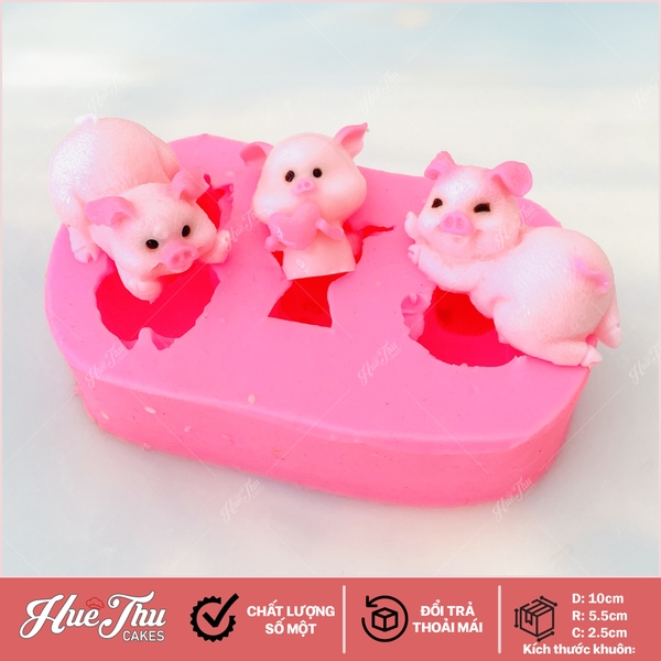 Khuôn silicon Con Heo A160 (vỉ 3 khuôn) làm bánh rau câu 3D 4D nhấn xôi, fondant, socola, nến hanmade