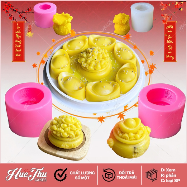 Combo 4 khuôn silicon Hũ Vàng 5.5-7.6cm làm bánh rau câu 3D 4D nhấn xôi, fondant, socola, nến hanmade