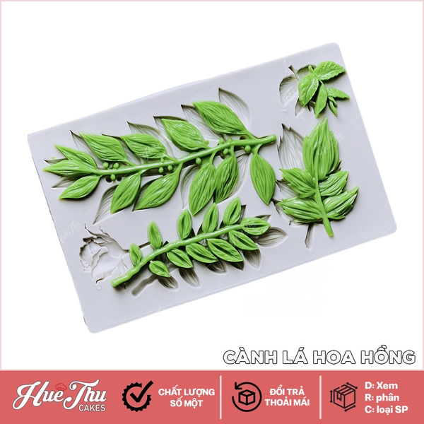 Khuôn silicon cành lá hoa Hồng (lá dài, lá nhọn kèm hoa) 16x11cm làm bánh rau câu 3D 4D nhấn xôi, fondant, socola, nến hanmade