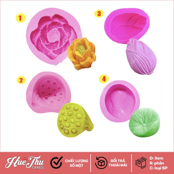 Bộ 4 khuôn silicon Sen Trôi Nước (lá sen, hoa sen, đài sen, búp sen) làm bánh rau câu 3D 4D nhấn xôi, chè trôi nước