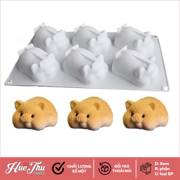Khuôn silicon con Heo (vỉ 6 con) 19x16cm làm bánh rau câu 3D 4D nhấn xôi, fondant, socola, nến hanmade