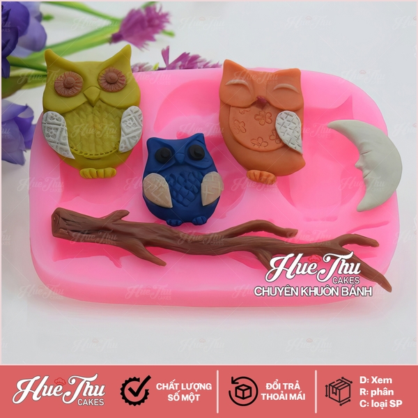 Khuôn silicon Chim Cú (vỉ 3 con) làm bánh rau câu 3D 4D nhấn xôi, fondant, socola, nến hanmade