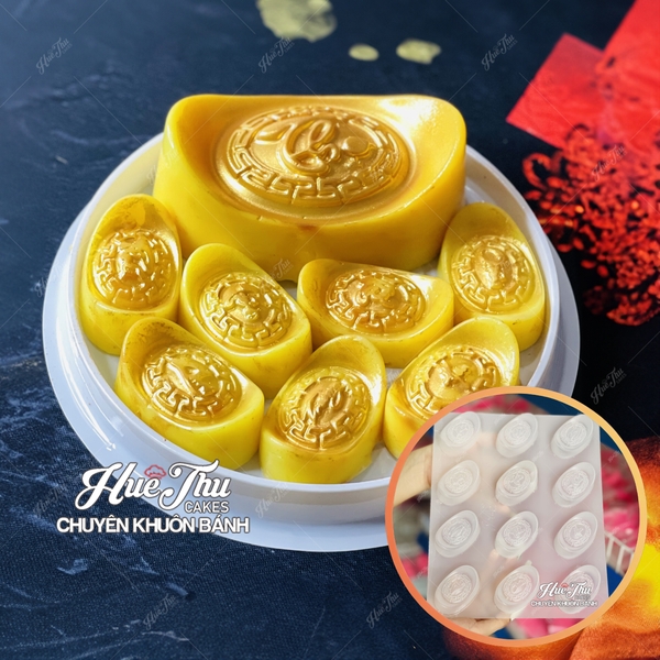 Khuôn Thỏi Vàng có chữ (vỉ 12 thỏi) làm bánh rau câu 3D 4D nhấn xôi, fondant, socola, nến hanmade