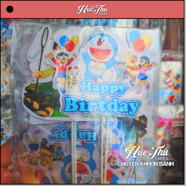 Que cắm Happy Birthday Doraemon phụ kiện trang trí bánh sinh nhật, bánh rau câu, bánh kem