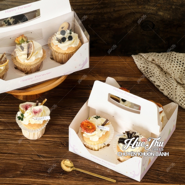 Hộp đựng bánh Cupcake 4 bánh (2 ngăn) có quai xách