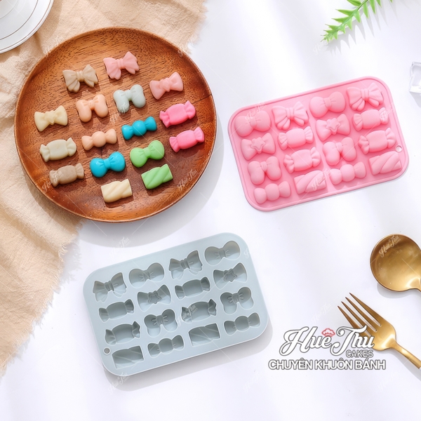 Khuôn silicon kẹo chip Chiếc Nơ, Viên Kẹo (vỉ 16 hình) làm kẹo dẻo, chip chip, rau câu mini, thạch trà sữa