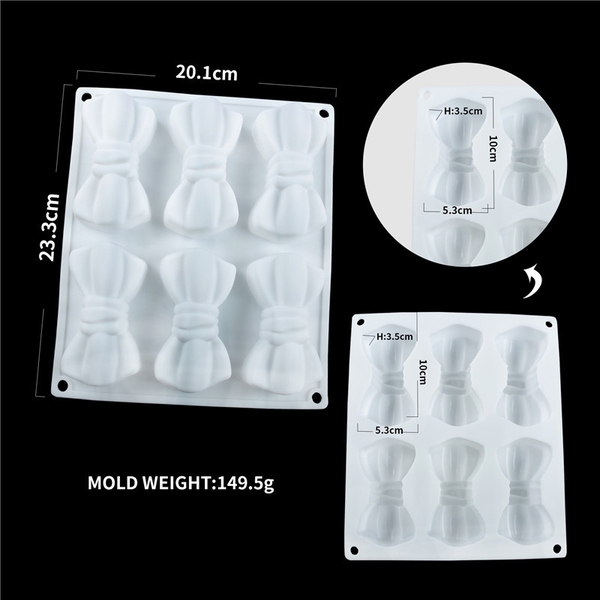 Khuôn silicon Chiếc Nơ (vỉ 6 cái) làm bánh rau câu 3D 4D nhấn xôi, fondant, socola, nến hanmade