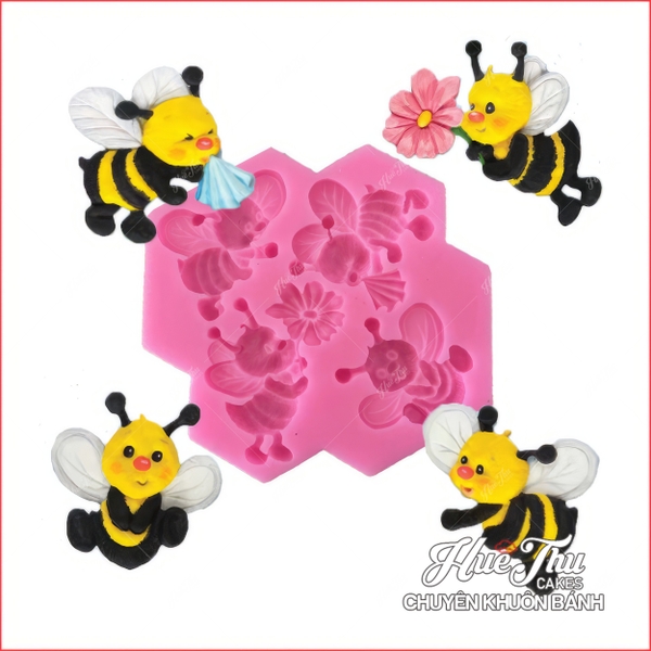 Khuôn silicon Con Ong Ngộ Nghĩnh (vỉ 4 hình) làm bánh rau câu 3D 4D nhấn xôi, fondant, socola, nến hanmade
