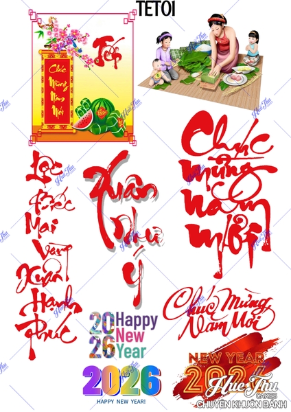 Tấm Decal Trong chủ đề Tết - Năm Mới - Cá Chép, chữ dán tem dán lên bánh trang trí bánh rau câu tiện lợi (nhiều mẫu)