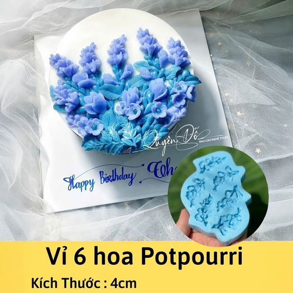 Khuôn silicon hoa Potpourri X22 (vỉ 6 khuôn) làm bánh rau câu 3D 4D nhấn xôi, fondant, socola, nến hanmade