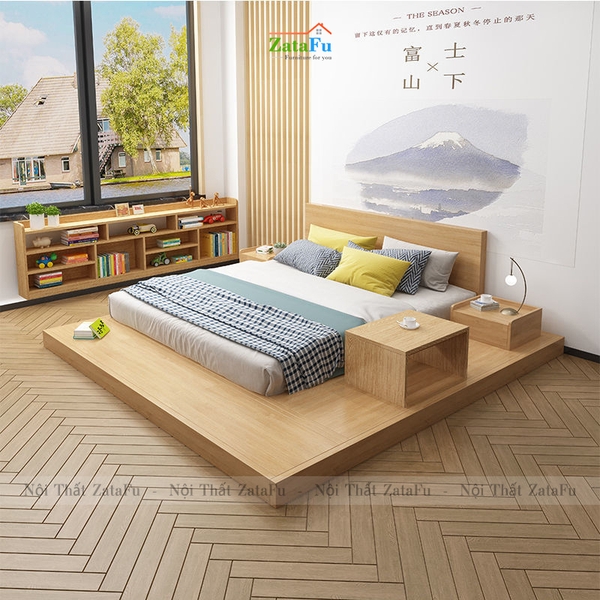 Thiết kế giường ngủ gỗ đa năng phong cách Nhật Bản là một sự pha trộn hoàn hảo giữa tính năng và thẩm mỹ. Với những tấm gỗ với đường nét đơn giản tinh tế, giường ngủ này không chỉ là nơi nghỉ ngơi mà còn có các kệ đựng đồ tiện lợi. Với màu sắc trầm, nhẹ nhàng, giường ngủ phong cách Nhật Bản mang lại sự ấm áp cho không gian nghỉ ngơi.