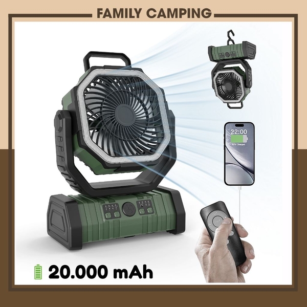 Quạt tích điện đa năng kết hợp đèn chiếu sáng, dung lượng pin 20000mAh sạc điện thoại USB có điều khiển từ xa