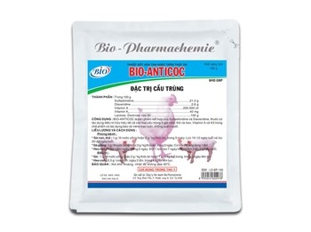 BIO ANTICOC 100G Thuốc bột hòa tan hoặc trộn thức ăn đặc trị cầu trùng phân sáp phân có máu