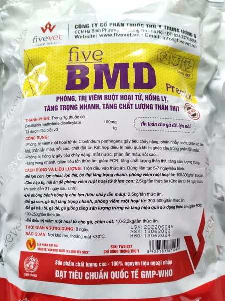 Five BMD Premix 100G Phòng, trị viêm ruột hoại tử, hồng lỵ, tăng trọng nhanh, tăng chất lượng thân thịt