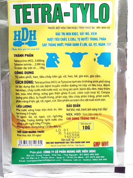 HDH TETRA TYLO thuốc bột hòa tan hoặc trộn thức ăn đặc trị hen khẹc, vẩy mỏ, viêm ruột tiêu chảy, phân sáp, trắng nhớt