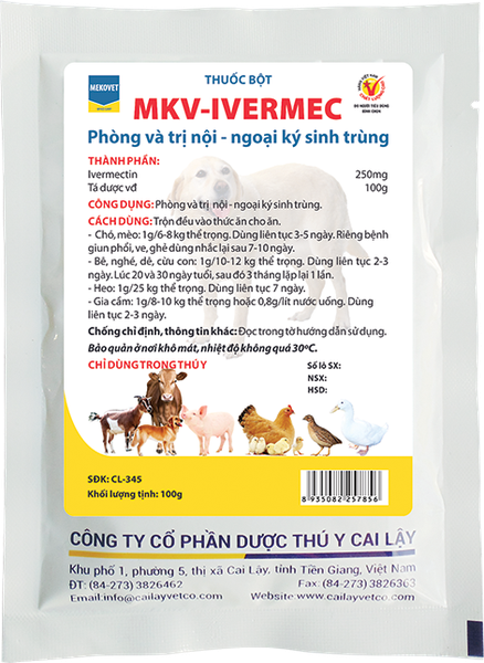 MKV IVERMEC 100G Thuốc bột Phòng và trị nội ngoại ký sinh trùng