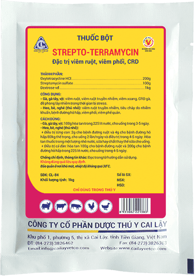 STREPTO TERRAMYCIN 100G Thuốc bột trị viêm ruột bệnh đường hô hấp tụ huyết trùng