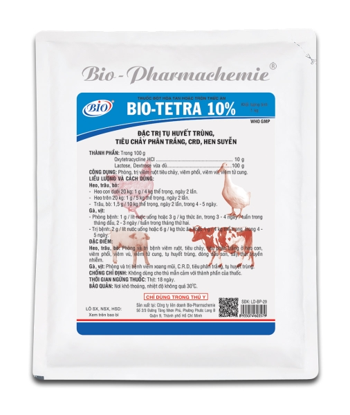 BIO TETRA 10% 100G Thuốc bột hoà tan hoặc trộn thức ăn đặc trị tụ huyết trùng, tiêu chảy phân trắng, crd,hen suyễn