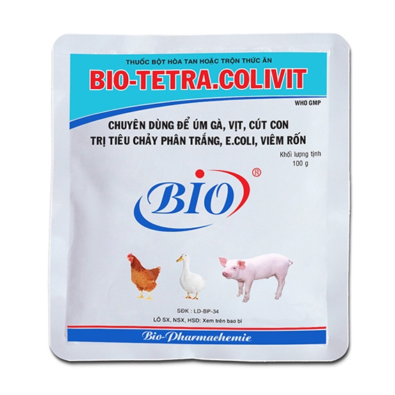 BIO TETRA COLIVIT 100G Thuốc bột hoà tan chuyên dùng để úm gà,vịt,cút con trị tiêu chảy phân trắng ,ecoli,viêm rốn