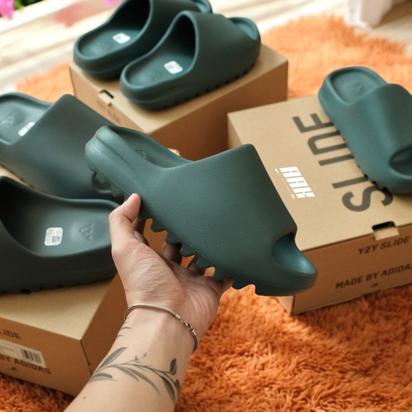 dark green yeezy slides