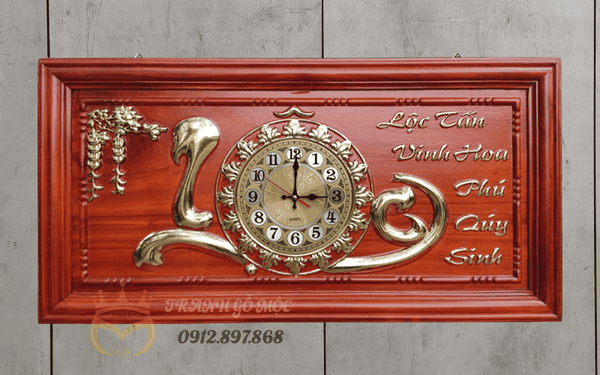 Tranh đồng hồ gỗ hương thếp vàng chữ Lộc 81x41cm - TGM1001
