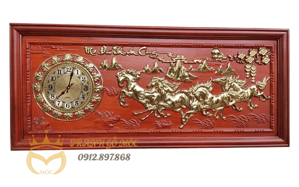 Tranh đồng hồ gỗ hương thếp vàng Mã Đáo Thành Công 108x48cm - TGM2004