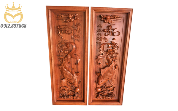 Tranh Gỗ Hương Đá Đục Kênh Bong Lý Ngư Vọng Nguyệt 156x56cm - TGM8002