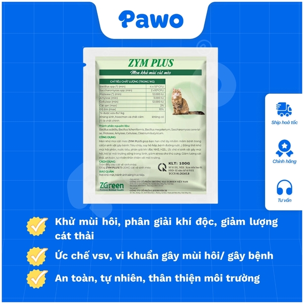 Men khử mùi cát mèo ZYM PLUS ZGreen 100g PAWO