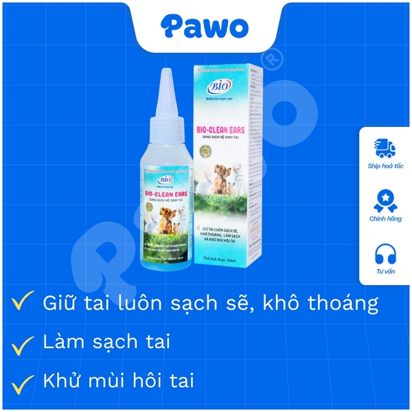 SPVS - DUNG DỊCH VỆ SINH TAI THÚ CƯNG CHÓ MÈO BIO-CLEAN EARS Chai 50ml | PAWO