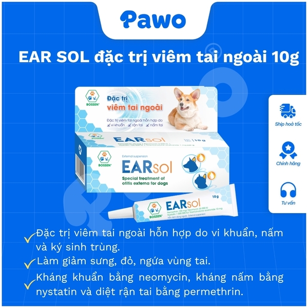 EARSOL BOSSEN - Nhỏ viêm tai ngoài, nấm, rận tai dành cho chó/mèo | Pawo