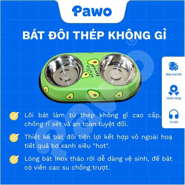 Bát ăn đôi thép không gỉ cho chó mèo PAWO