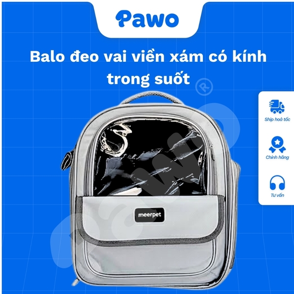 Balo đeo vai viền xám có kính trong suốt cho thú cưng - PAWO