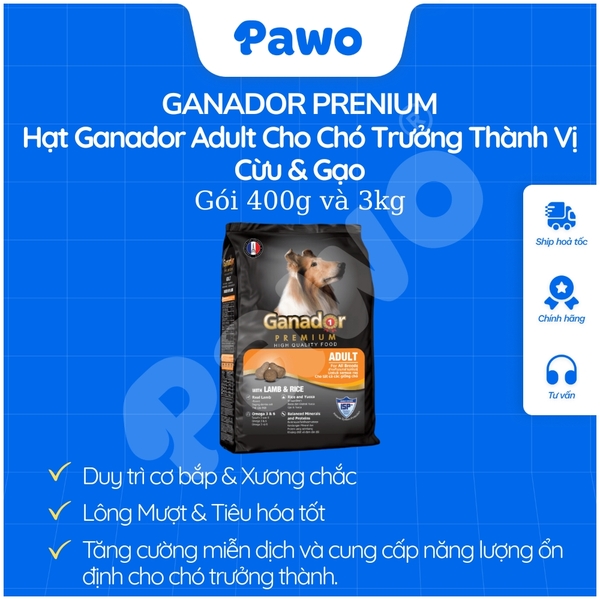 Hạt Ganador Cho Chó Trưởng Thành 400g, 1,5kg, 3kg, 10kg PAWO