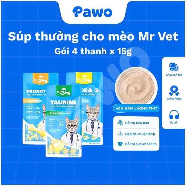 Thức Ăn Cho Mèo MR. VET Dạng Súp Thưởng Túi 4 Thanh 15g (60g) Cho Mèo Mọi Lứa Tuổi | PAWO