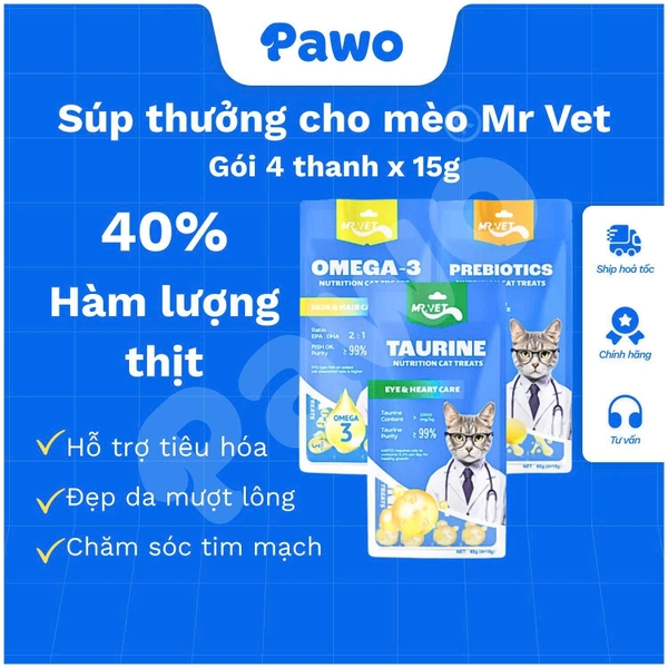 Thức Ăn Cho Mèo MR. VET Dạng Súp Thưởng Túi 4 Thanh 15g (60g) Cho Mèo Mọi Lứa Tuổi | PAWO