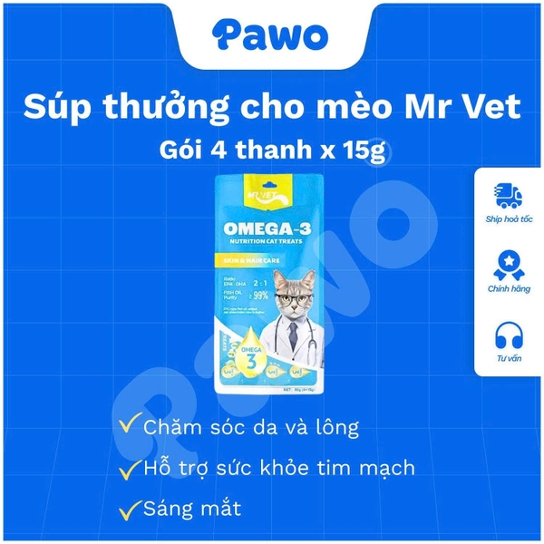 Thức Ăn Cho Mèo MR. VET Dạng Súp Thưởng Túi 4 Thanh 15g (60g) Cho Mèo Mọi Lứa Tuổi | PAWO