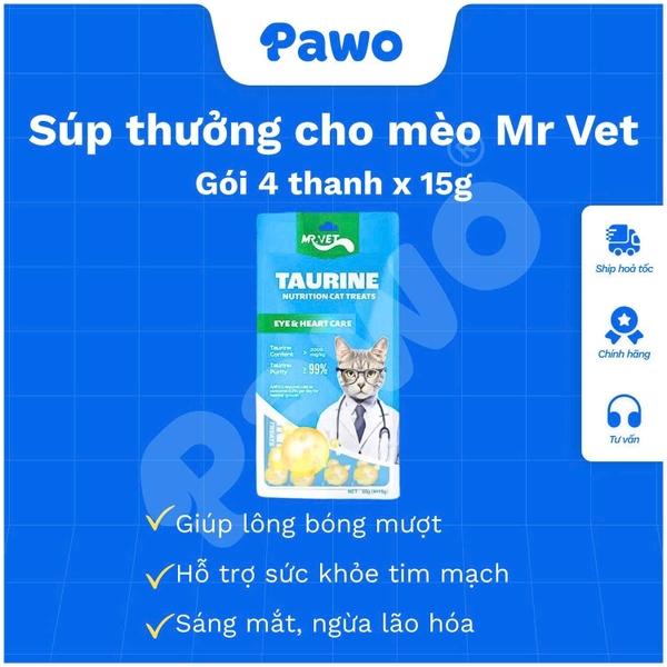 Thức Ăn Cho Mèo MR. VET Dạng Súp Thưởng Túi 4 Thanh 15g (60g) Cho Mèo Mọi Lứa Tuổi | PAWO