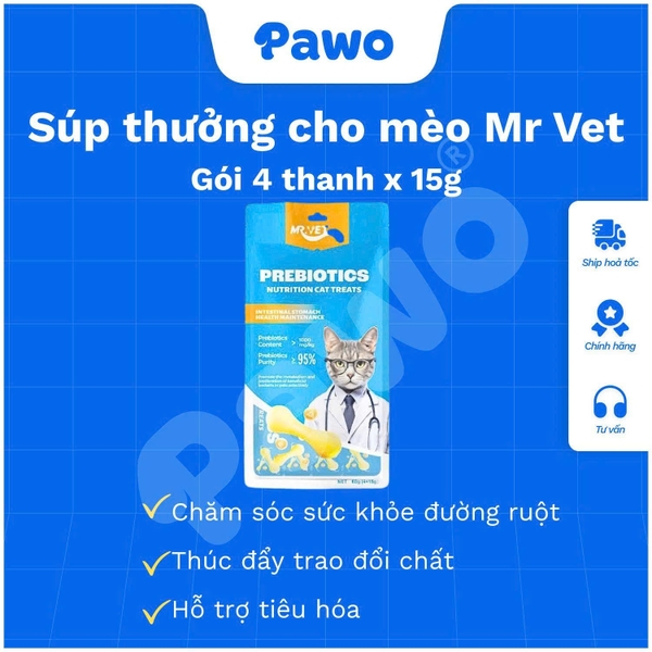 Thức Ăn Cho Mèo MR. VET Dạng Súp Thưởng Túi 4 Thanh 15g (60g) Cho Mèo Mọi Lứa Tuổi | PAWO
