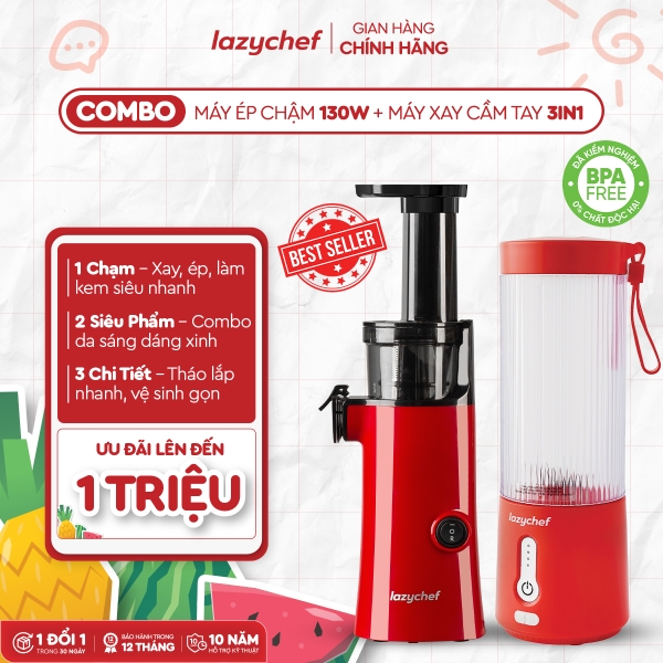 COMBO MÁY ÉP CHẬM MINI 3S 130W LAZYCHEF + MÁY XAY CẦM TAY ĐA NĂNG 3IN1 LAZYCHEF