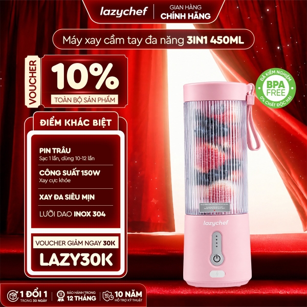 [PHIÊN BẢN MÀU HỒNG MỚI NHẤT] MÁY XAY TÍCH ĐIỆN ĐA NĂNG 3IN1 LAZYCHEF 450ML