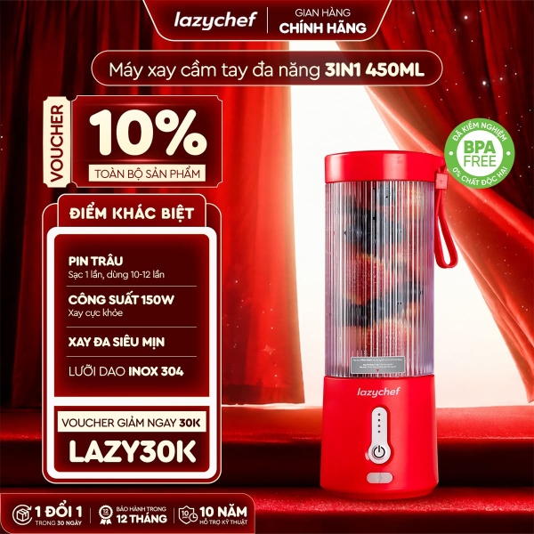 MÁY XAY TÍCH ĐIỆN ĐA NĂNG 3IN1 LAZYCHEF 450ML